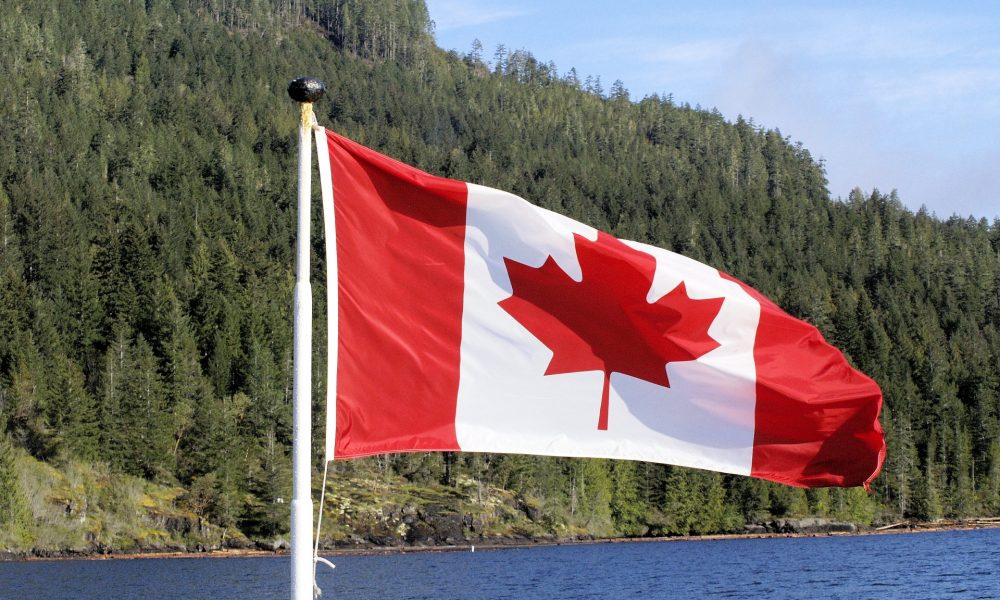 Die kanadische Flagge mit einem Wald im Hintergrund